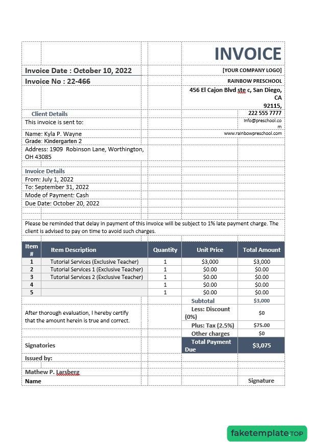 Feature of fake School Teacher invoice example